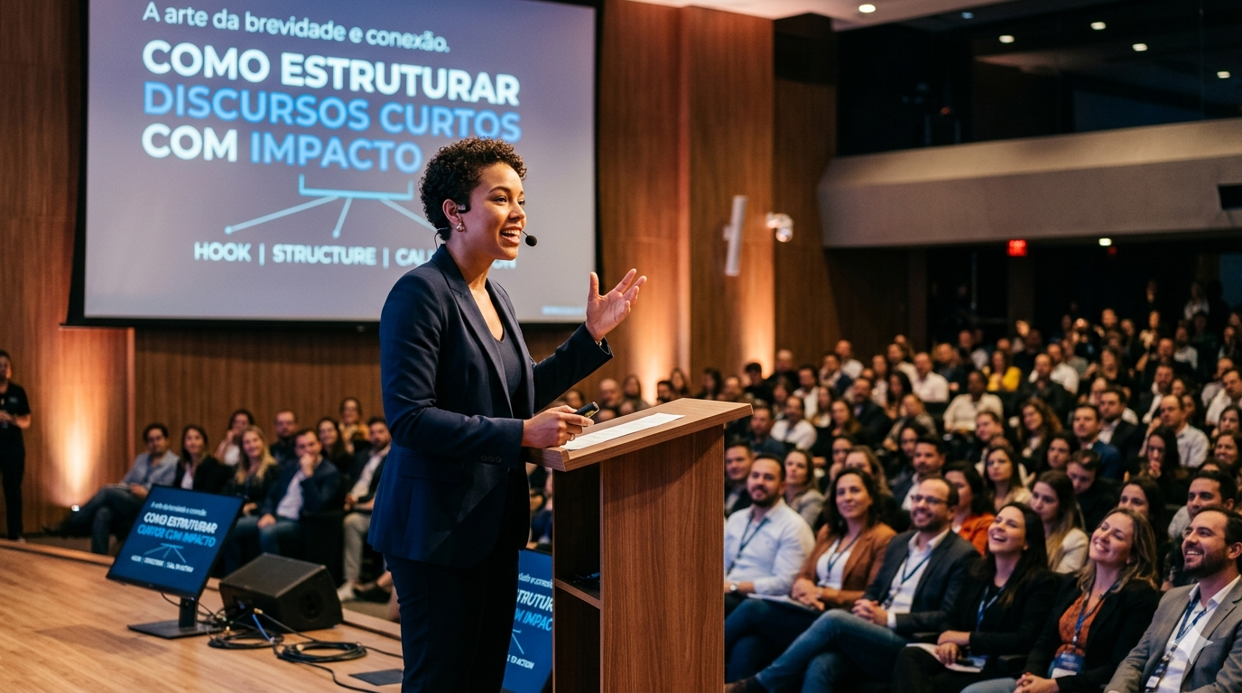 Palestrante em evento com público atento.